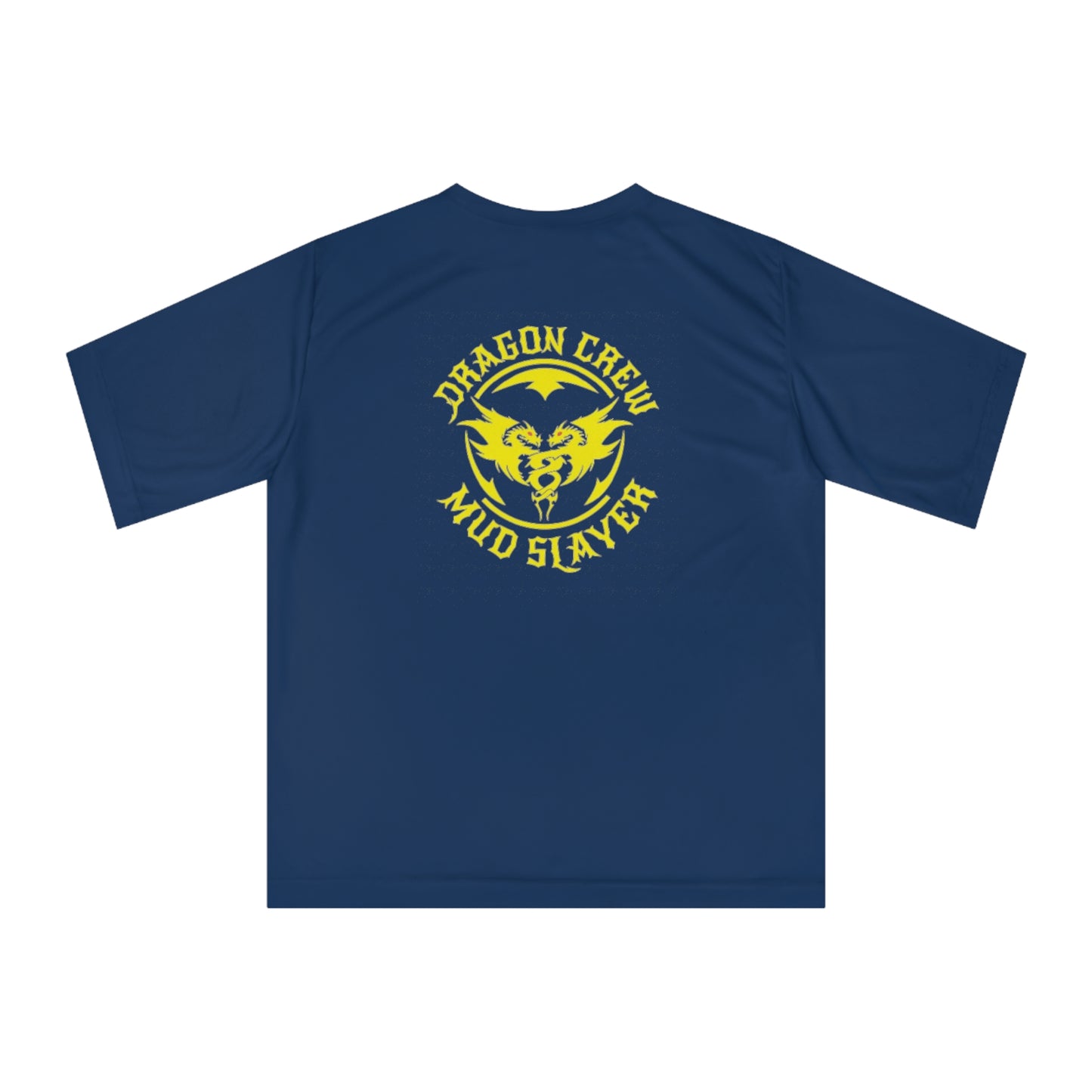 a blue dragon crew shirt with yellow lettering