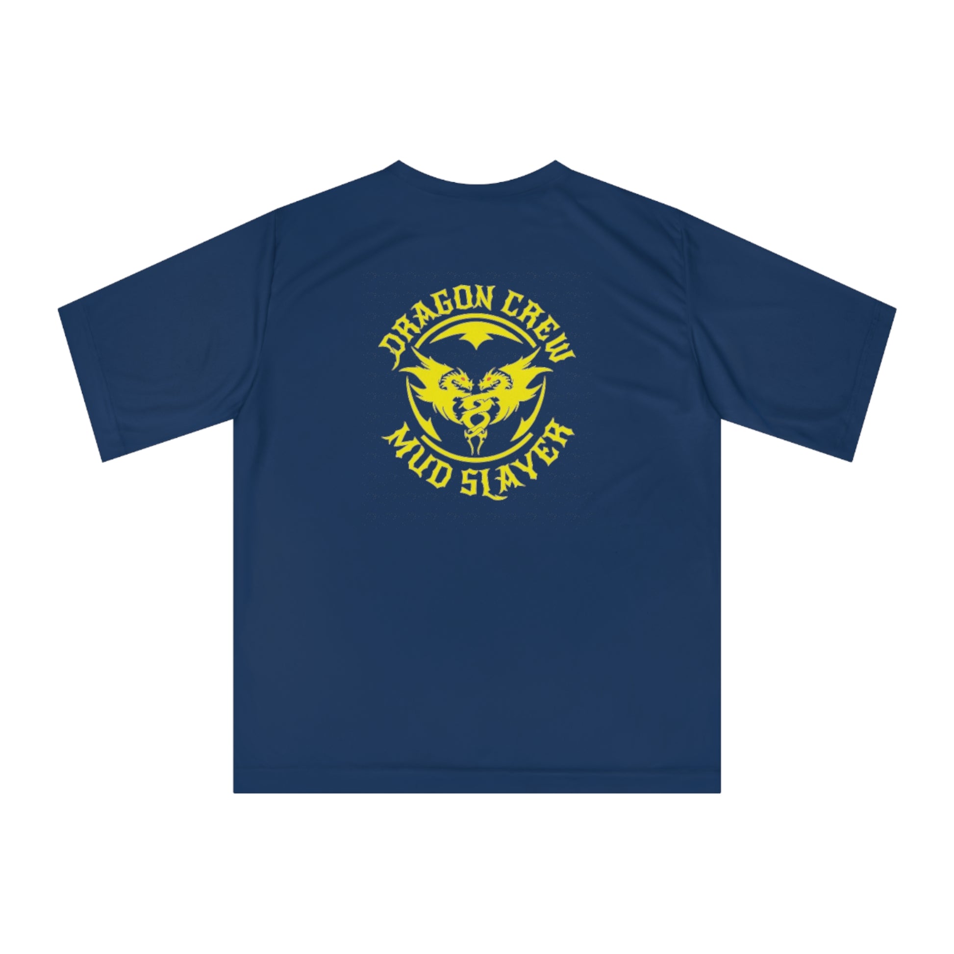 a blue dragon crew shirt with yellow lettering