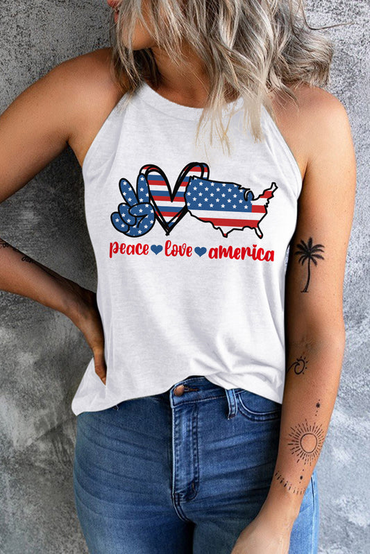 a woman wearing a tank top that says peace love america