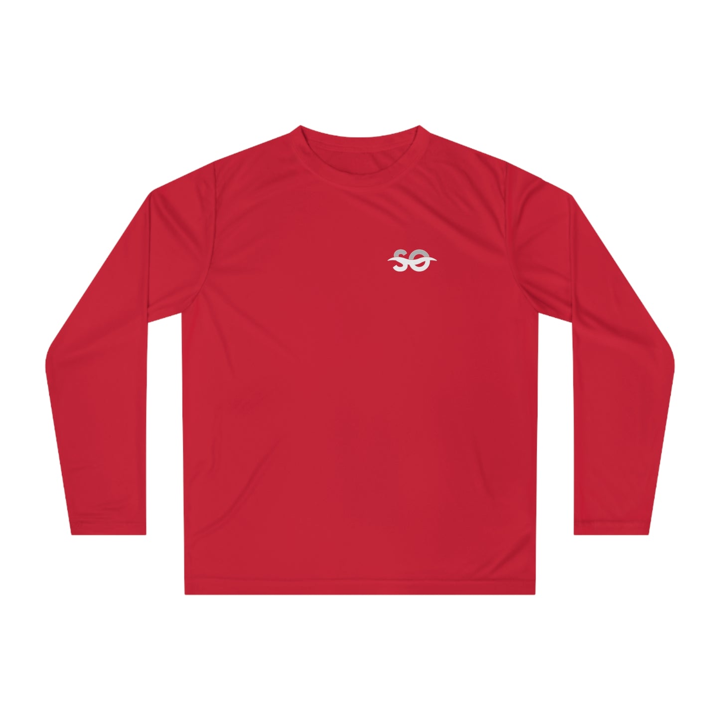 a red long sleeve shirt with a white logo on the chest