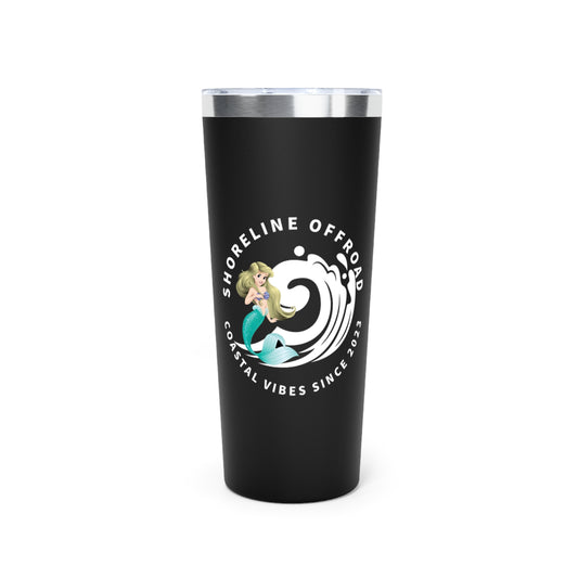 a black tumbler cup with a logo on it