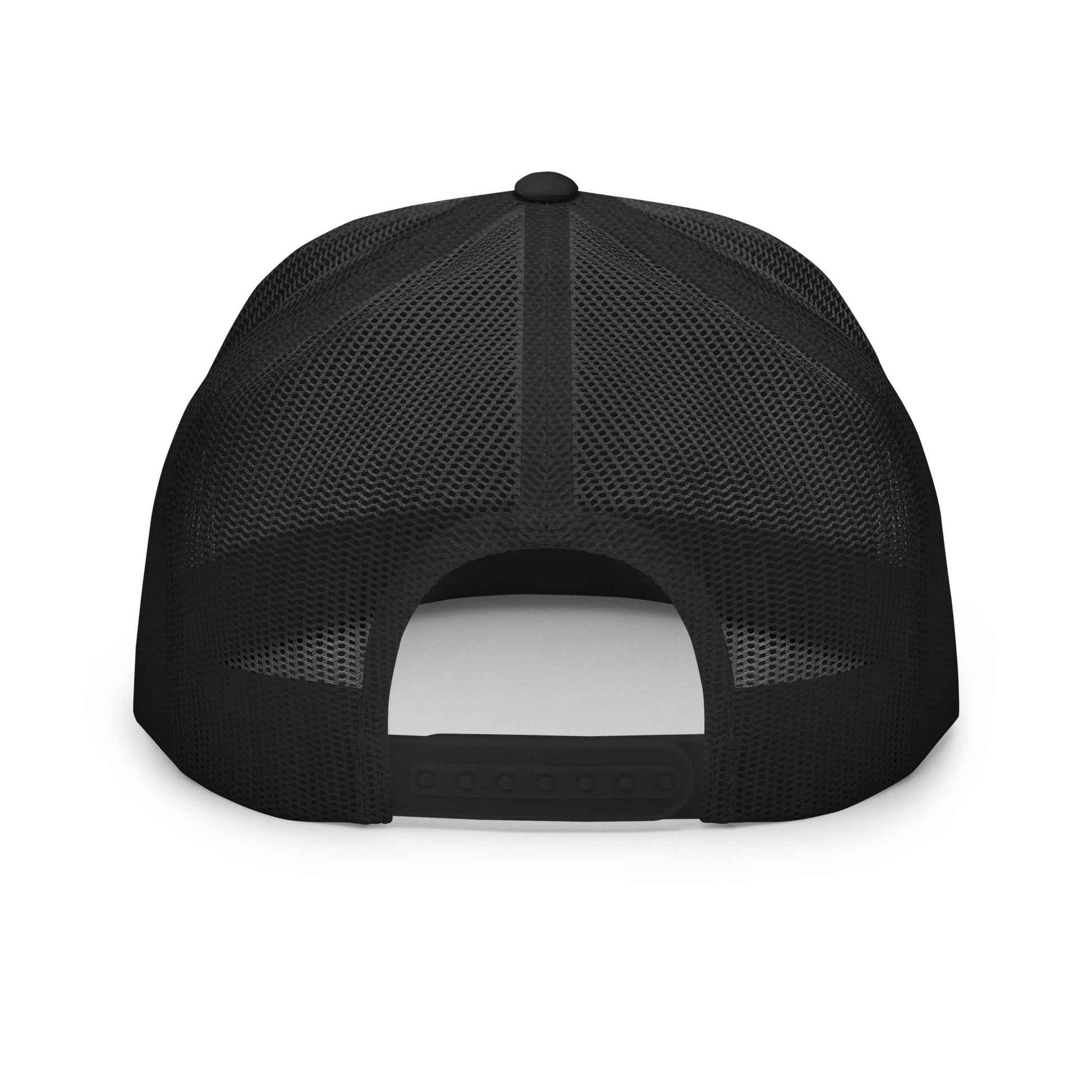 the back of a black hat on a white background