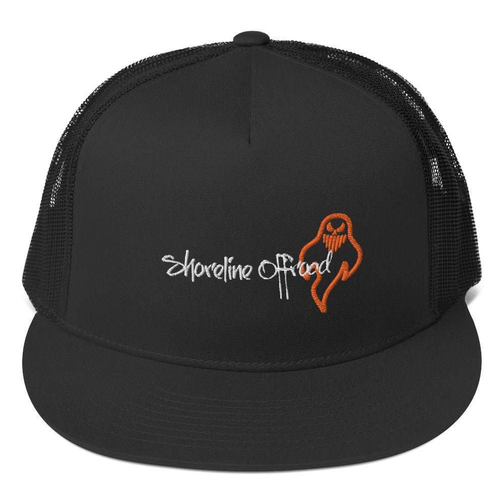 a black trucker hat with an orange and white logo