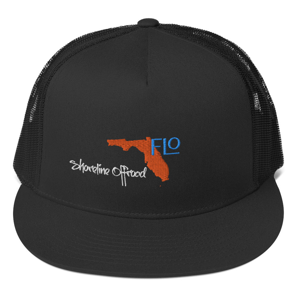 a black trucker hat with a florida map on it