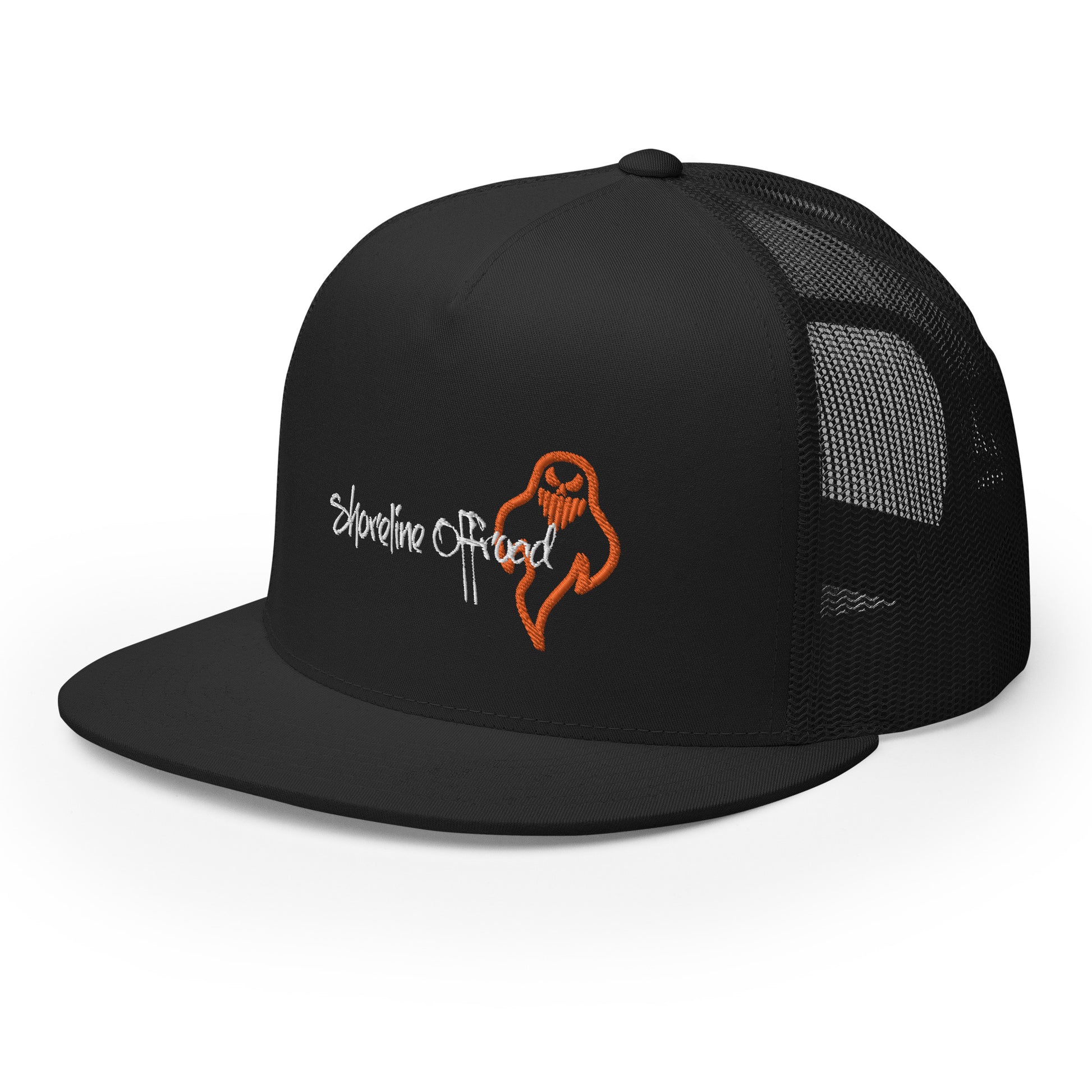 a black trucker hat with an orange logo