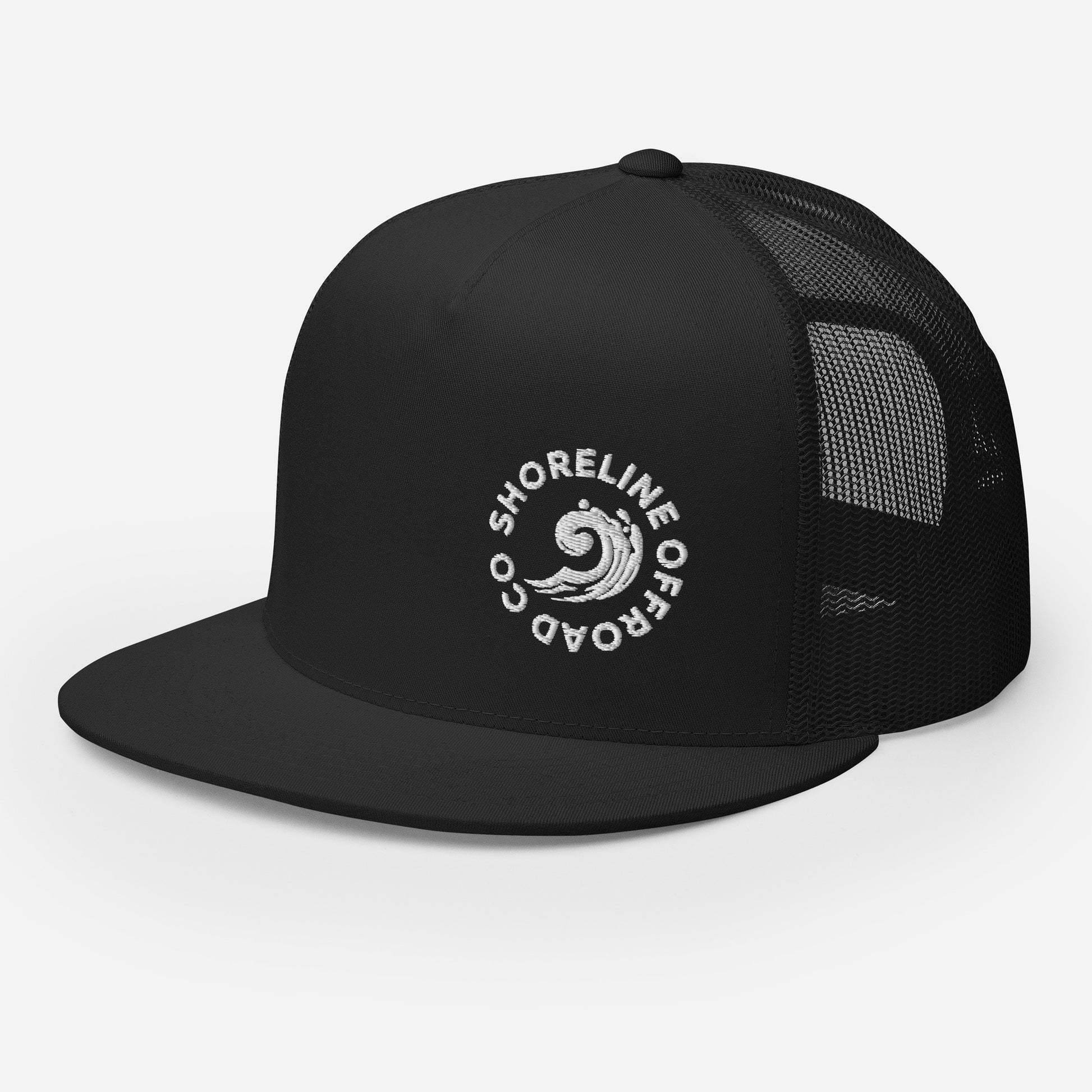 a black trucker hat with a white logo