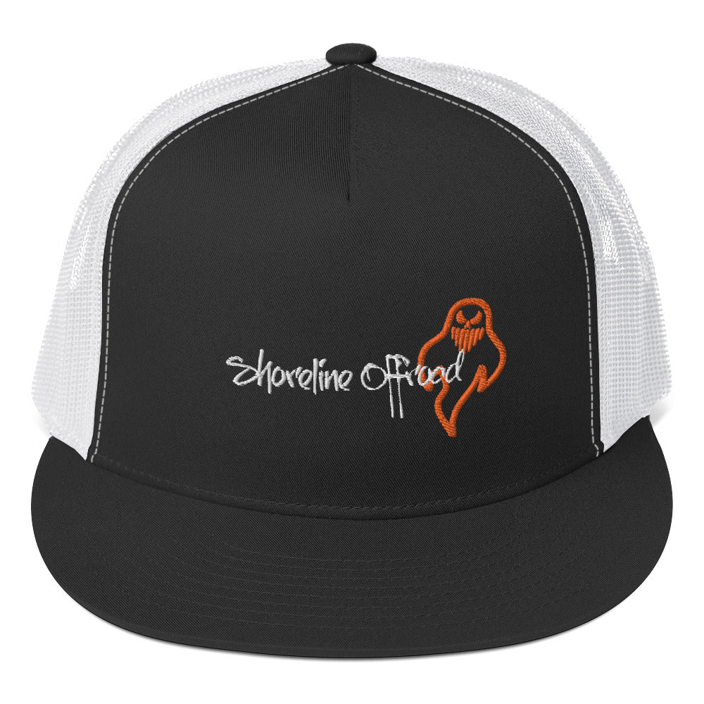 a black and white trucker hat with an orange logo