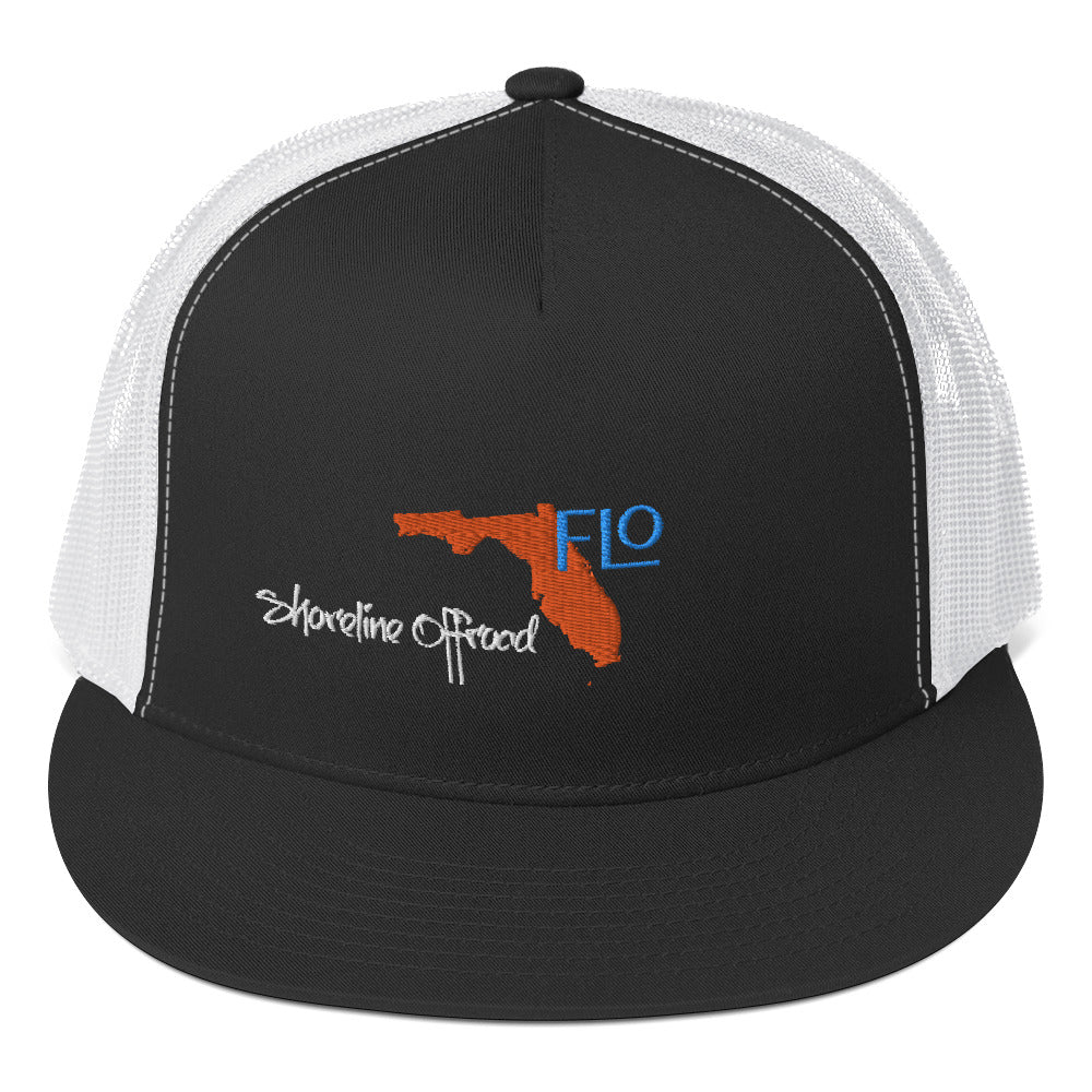 a black and white trucker hat with a florida map