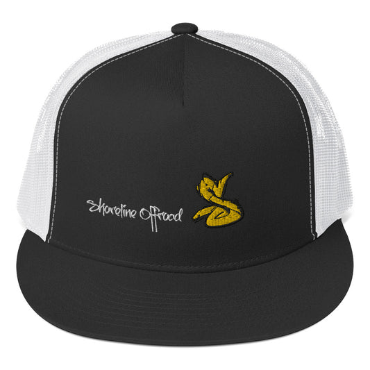 a black and white trucker hat with a yellow snake on it