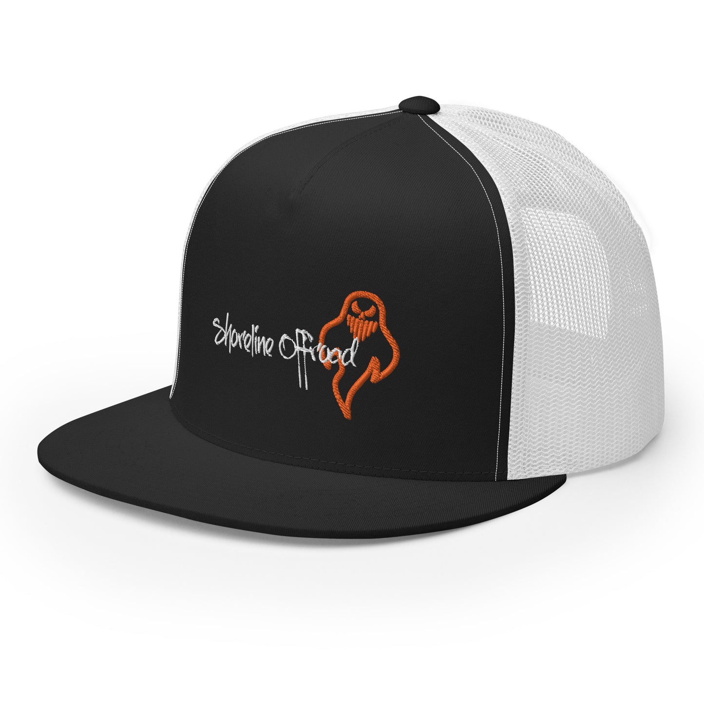 a black and white trucker hat with an orange logo