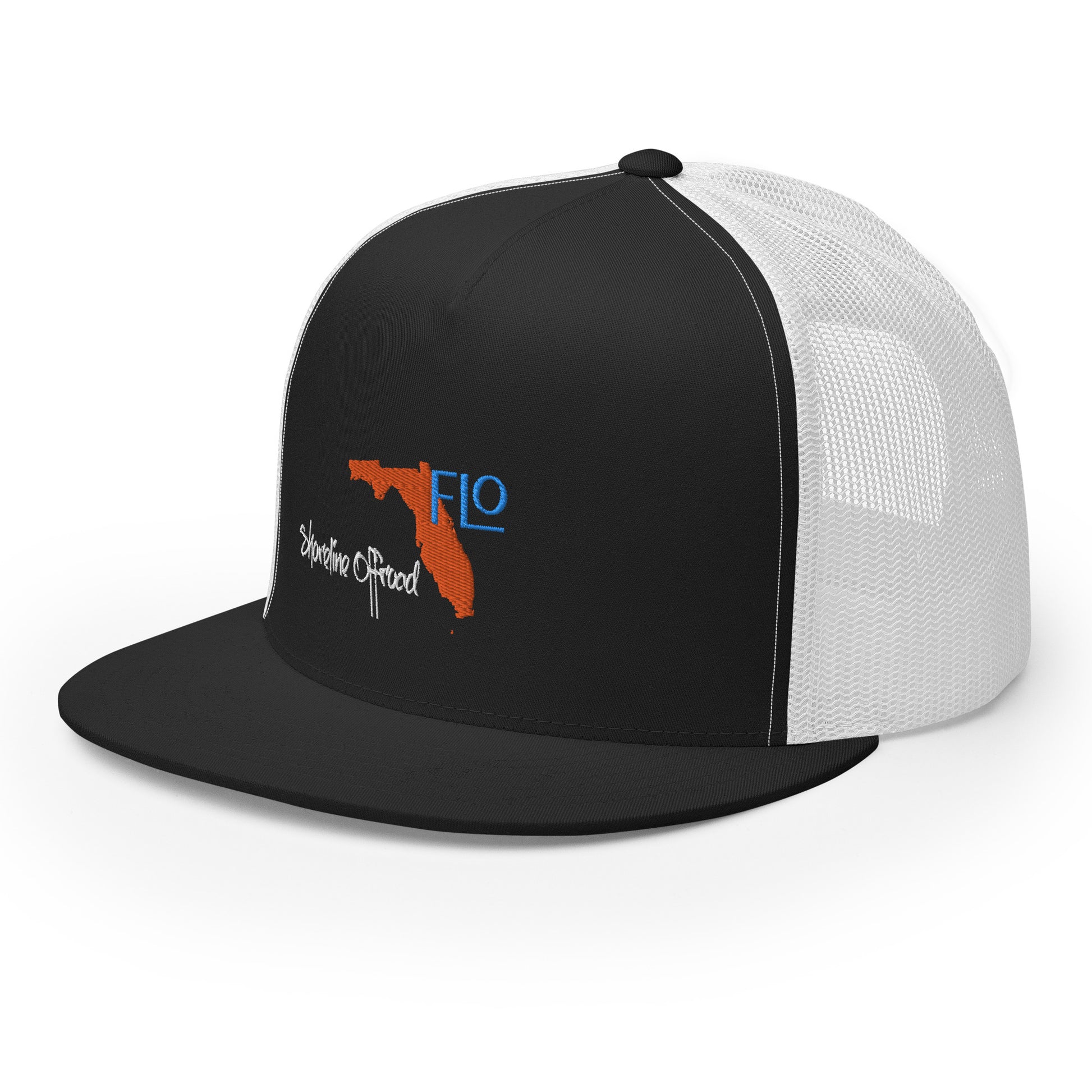 a black and white trucker hat with an orange and blue logo