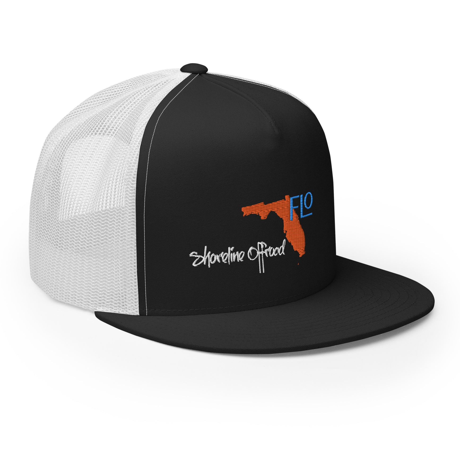 a black and white trucker hat with the state of florida on it