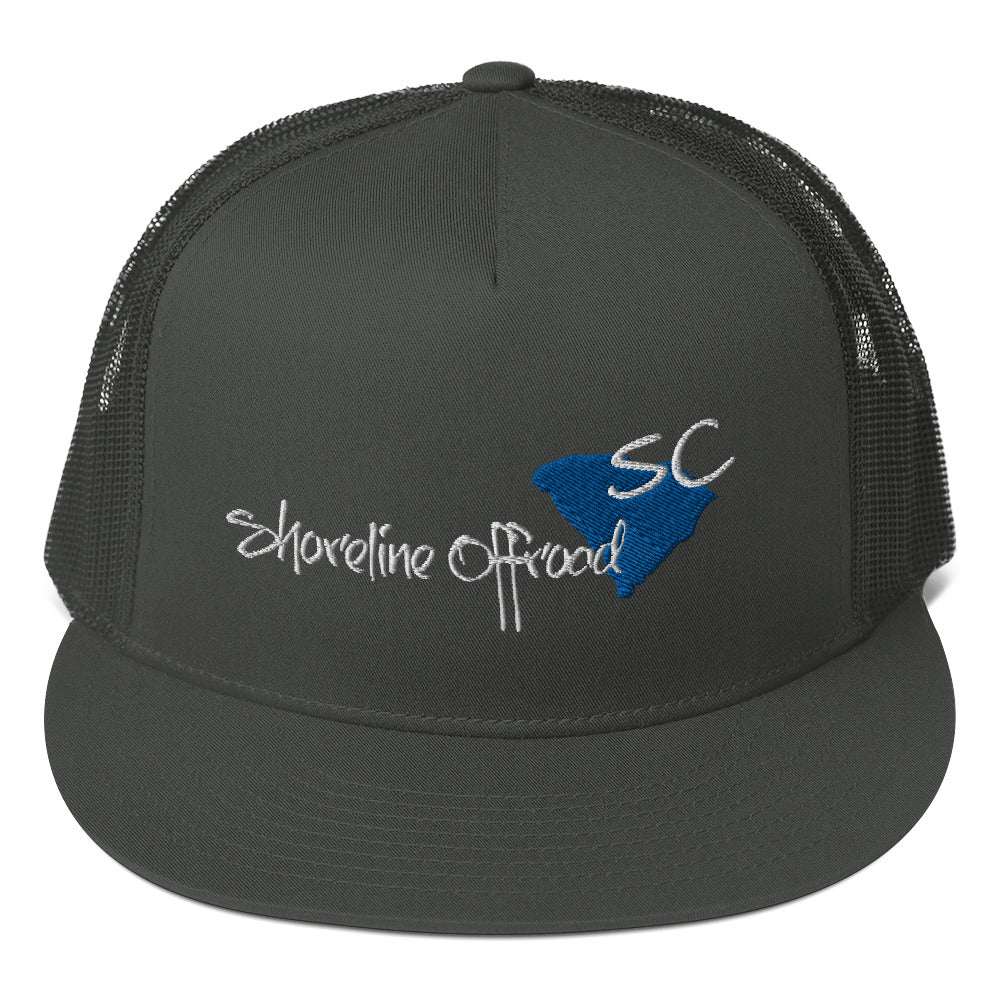 a black trucker hat with a blue bird embroidered on the front