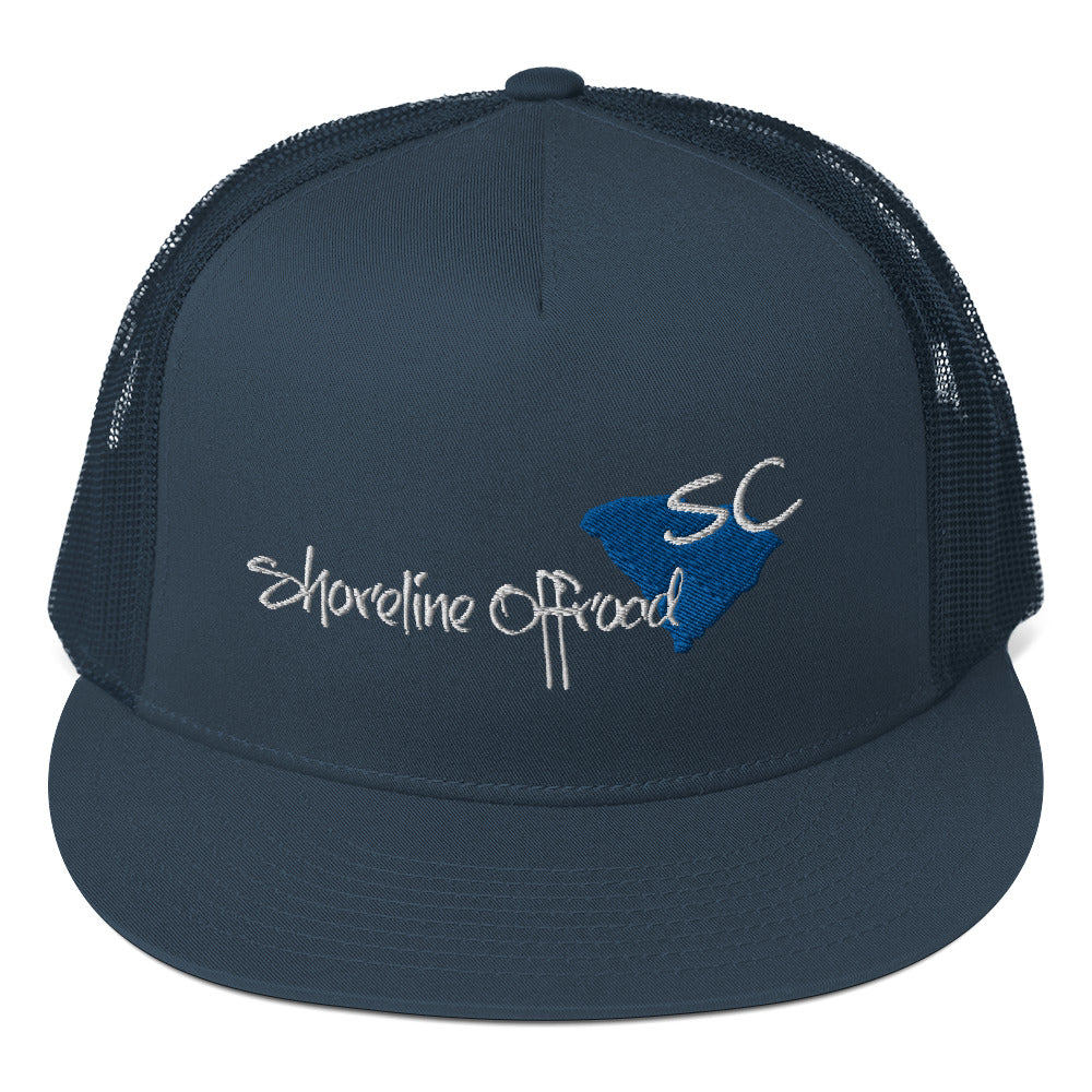 a blue trucker hat with a sc logo on it