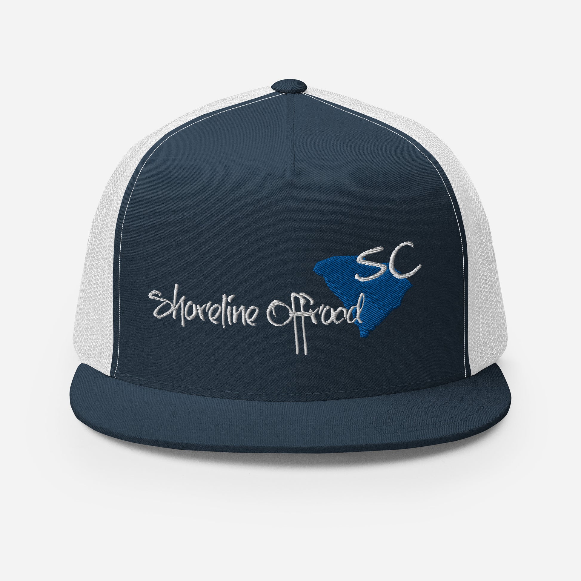 a blue and white trucker hat with a sc logo