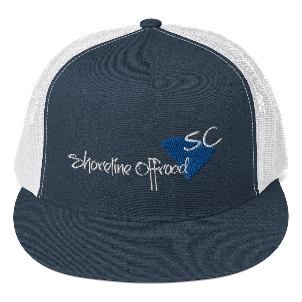 a blue and white trucker hat that says shoreline seafood