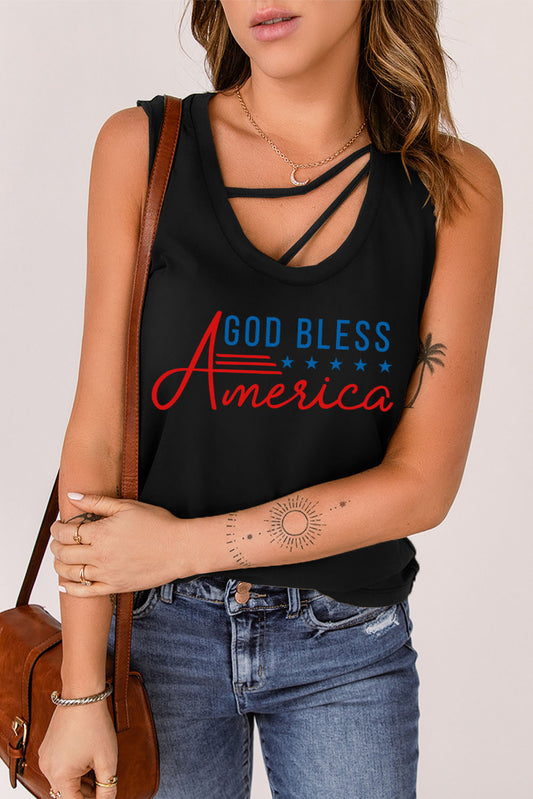 a woman wearing a black tank top that says god bless america