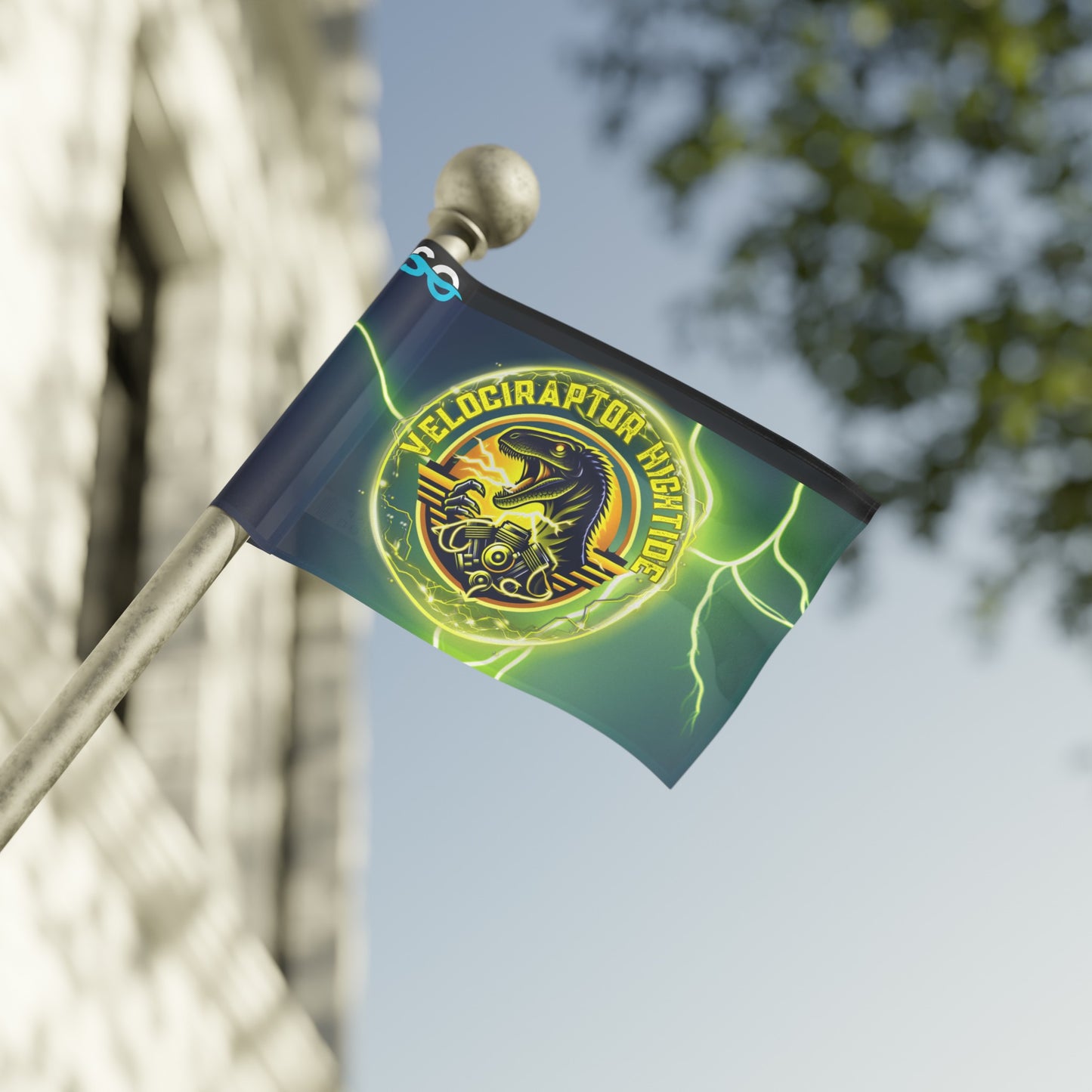 a flag with a dragon on it flying in the wind