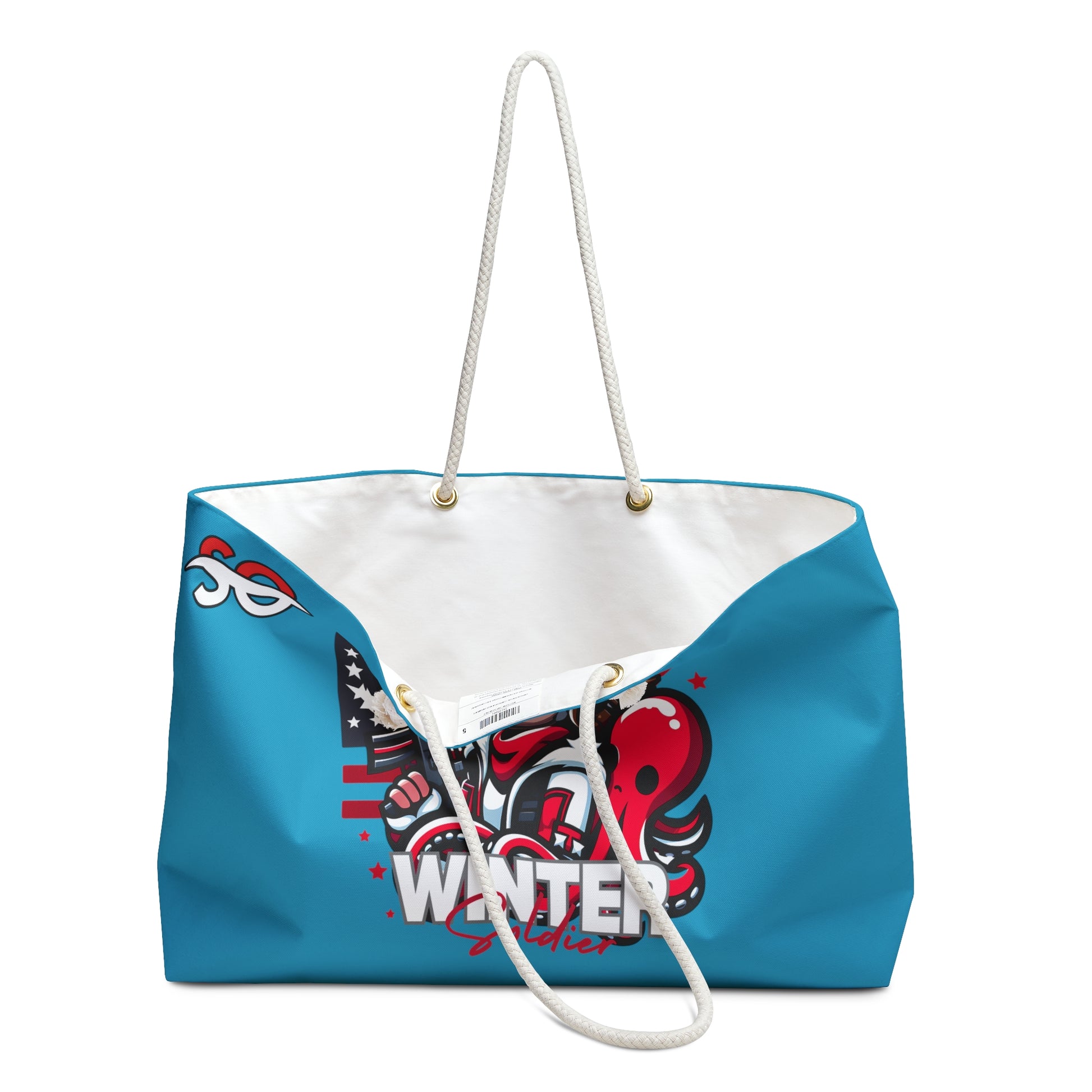 a blue and white bag with a cartoon character on it