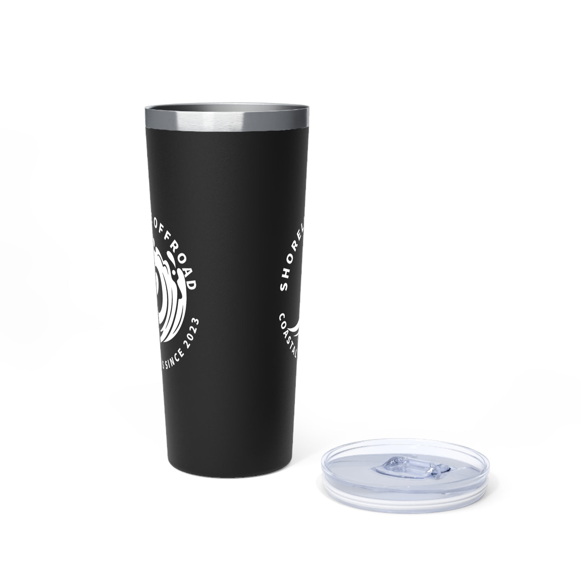 a black tumbler cup next to a white lid