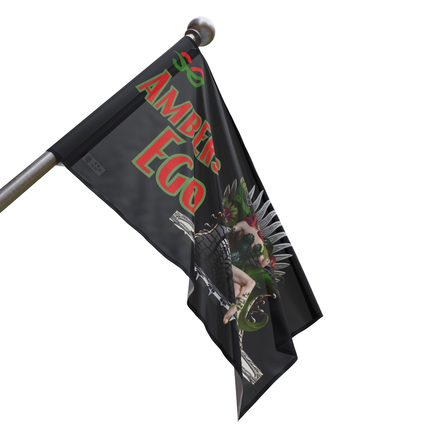 a black and green flag with an image of a demon on it