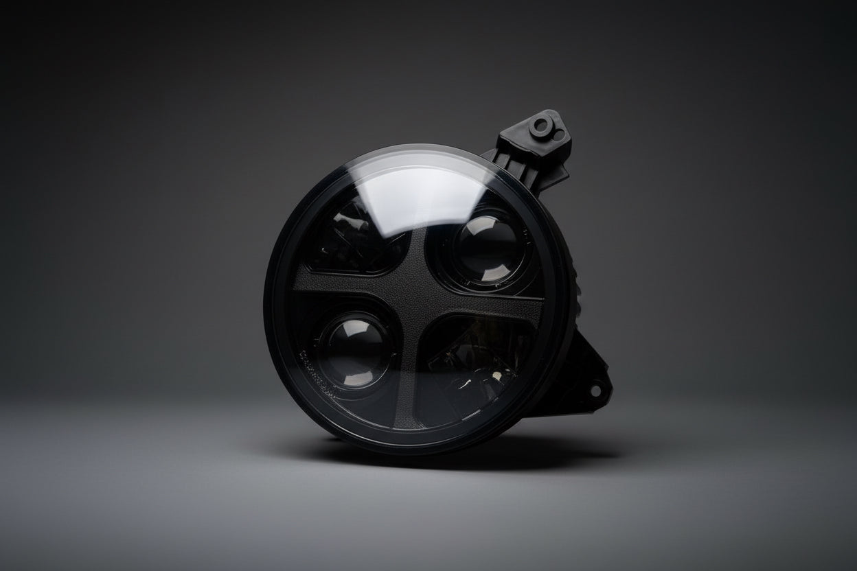 Installation demonstration of Shoreline Offroad Pro Series LED 9” JL JT RGB X Series Headlights on a Jeep, illustrating their fitment and stylish look.