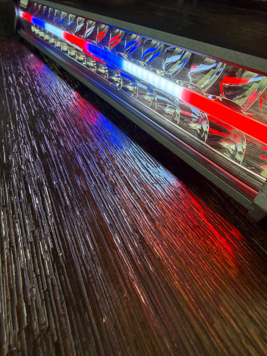 Shoreline Offroad Pro Series 20” RGBIC Lightbar showing bright white driving lightbar and vibrant RGB color patterns.