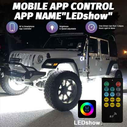 Bright white illumination from Shoreline Offroad Pro Series Pure White 10 Row Wheel Lights enhances the look of off-road vehicles. Perfect for JL and JT models, these lighting accessories provide a striking upgrade with their ultra white glow, making them essential for off-roading enthusiasts.
