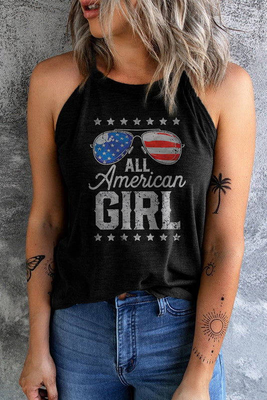 a woman wearing a tank top that says all american girl