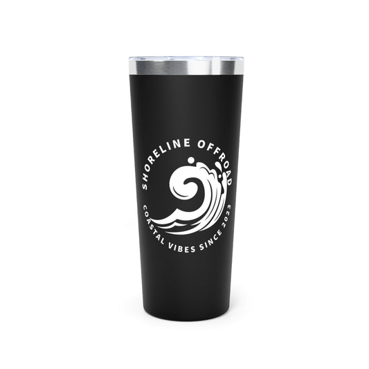 a black tumbler cup with a white logo on it
