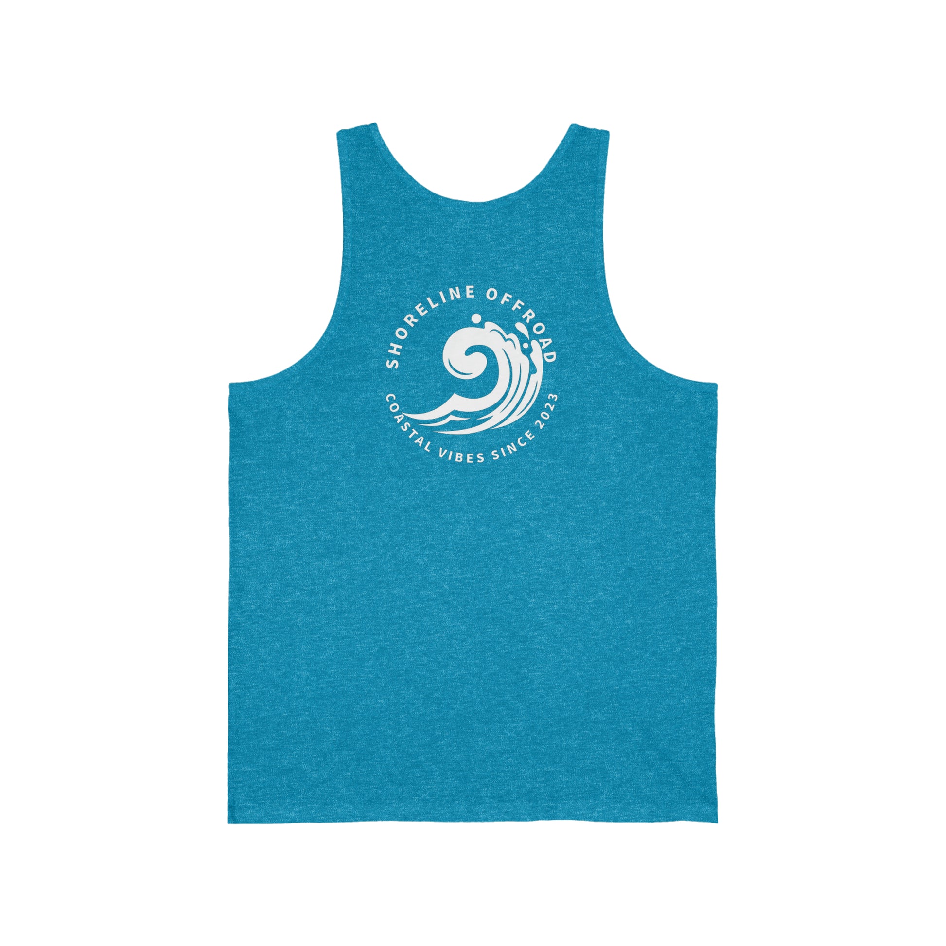 a blue tank top with a white logo on it