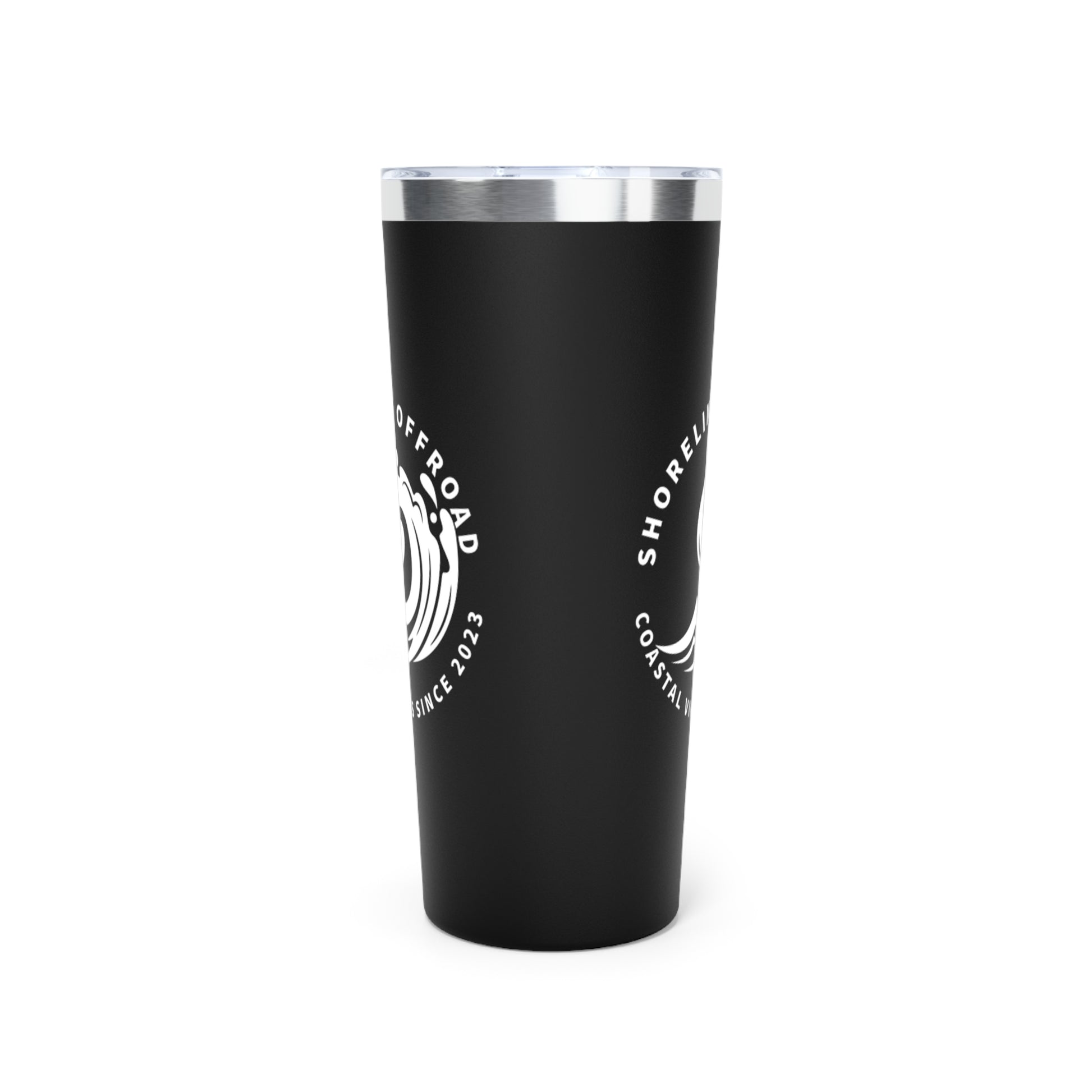 a black tumbler cup with a white logo on it