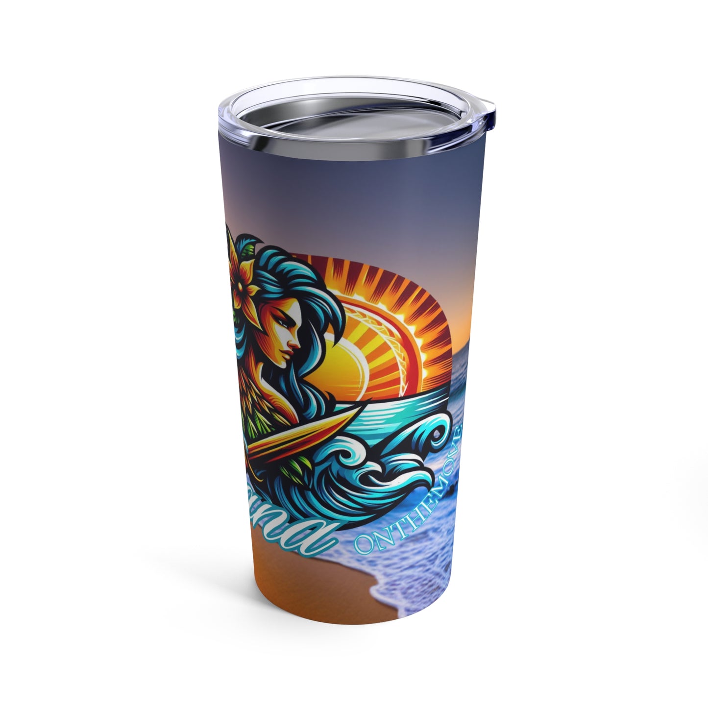 a travel mug with a picture of a surfer riding a wave