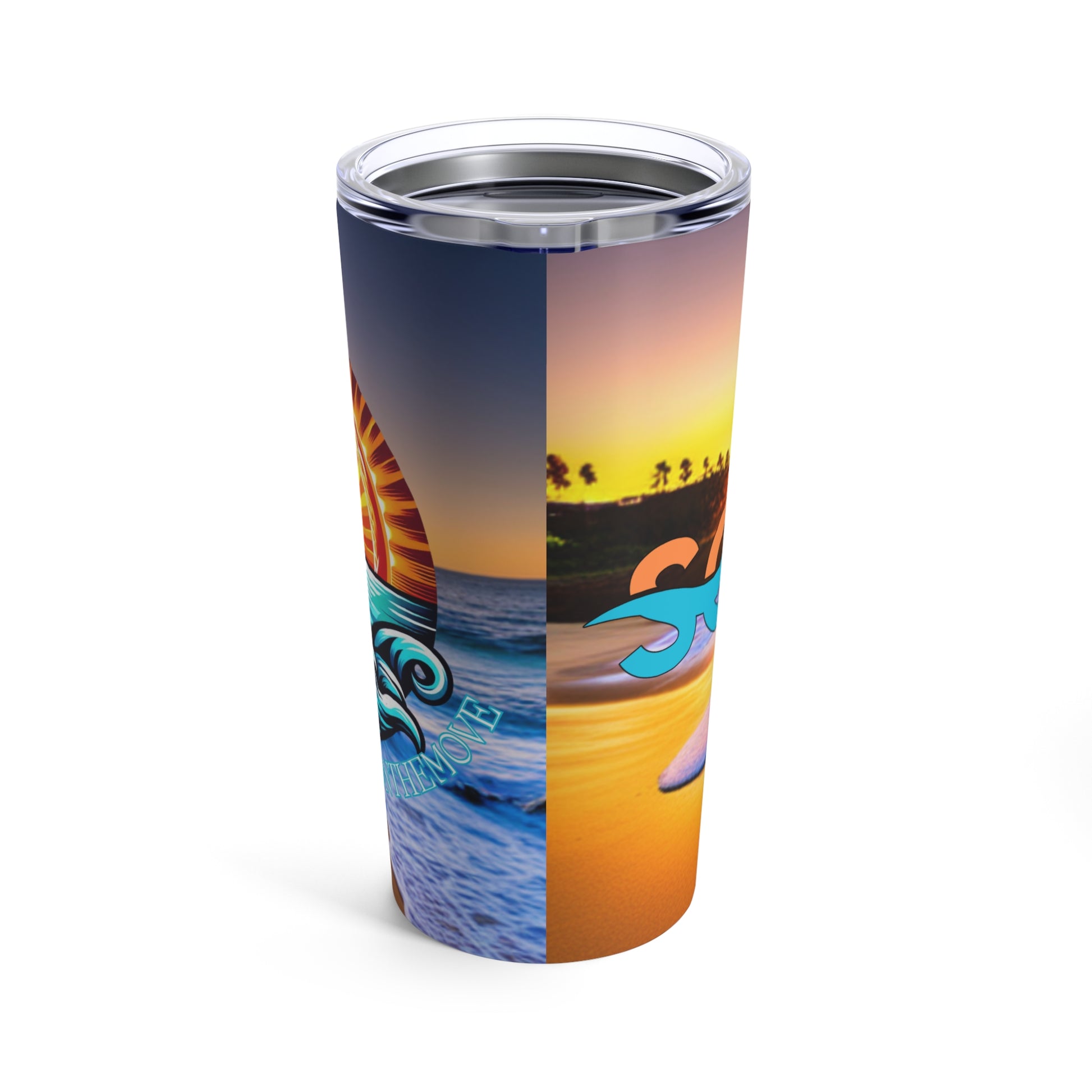 a stainless steel tumbler with a picture of a beach