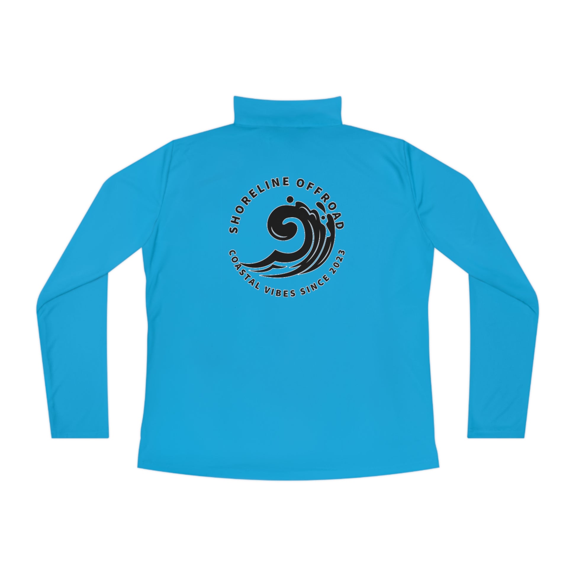 a women's blue long sleeve shirt with an image of a wave on it