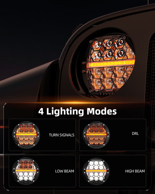 Shoreline Offroad Hex6 Pro Headlights LED fits JK JL and JT jeep models, bold 7-inch honeycomb LED headlight design