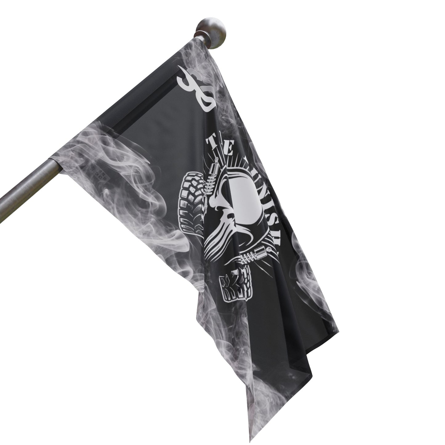 a black and white flag with a skull on it