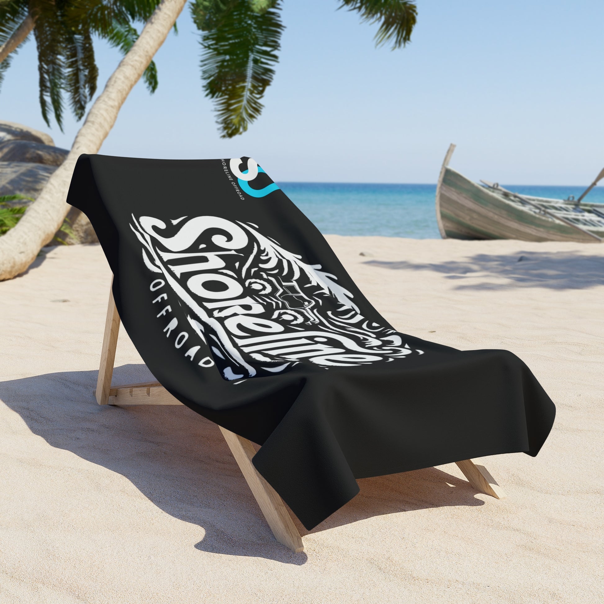 a beach chair with a black cover on a beach
