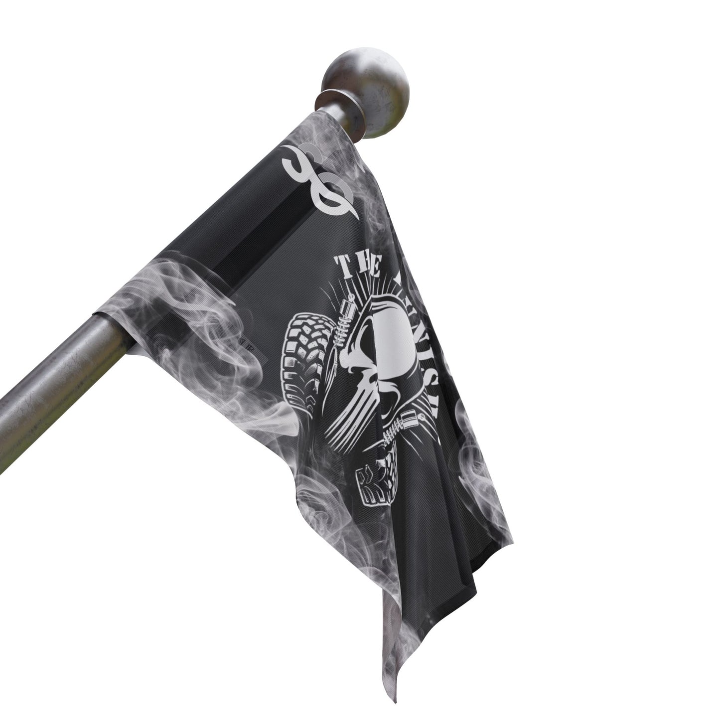 a black and white flag with a skull on it