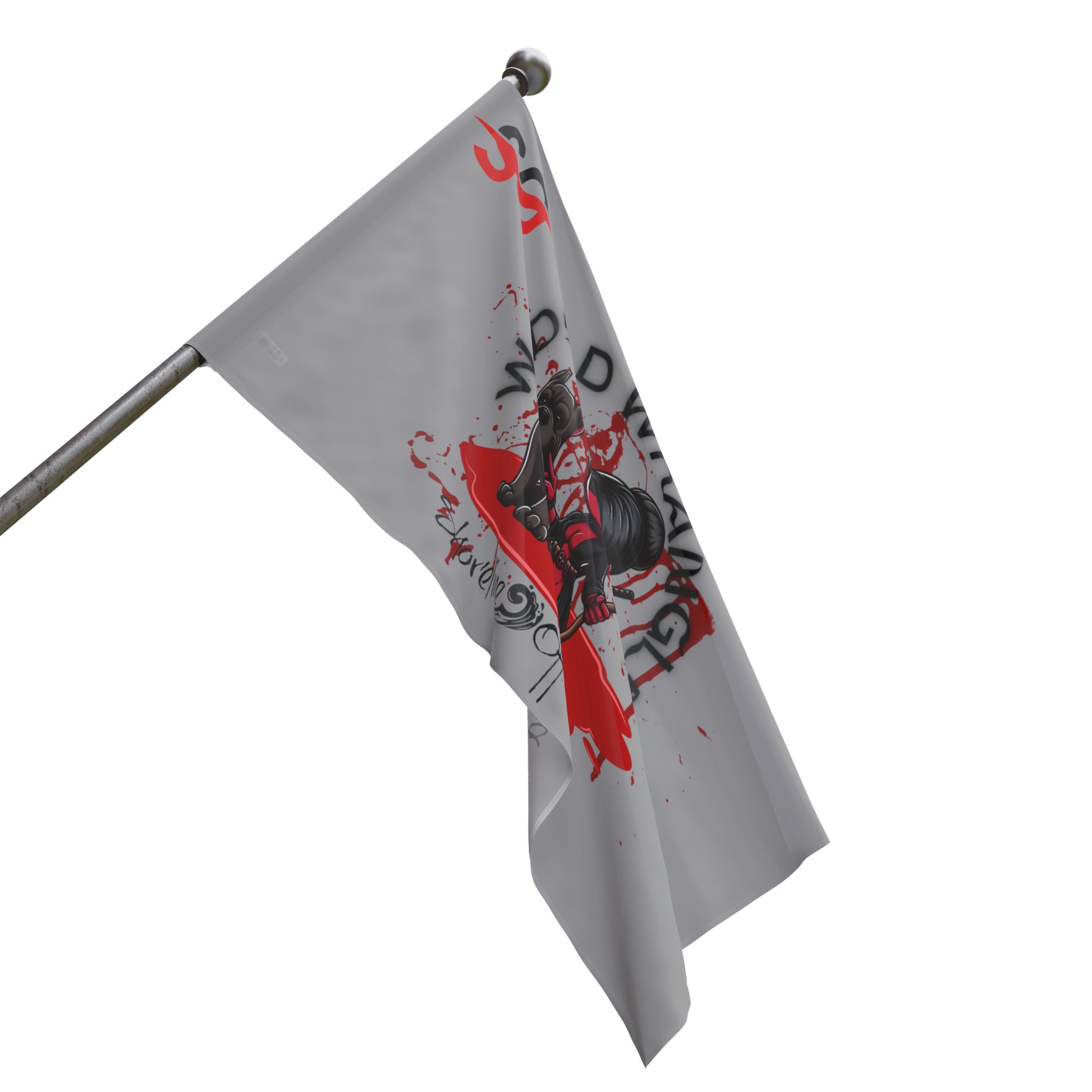 a white flag with a red and black design on it