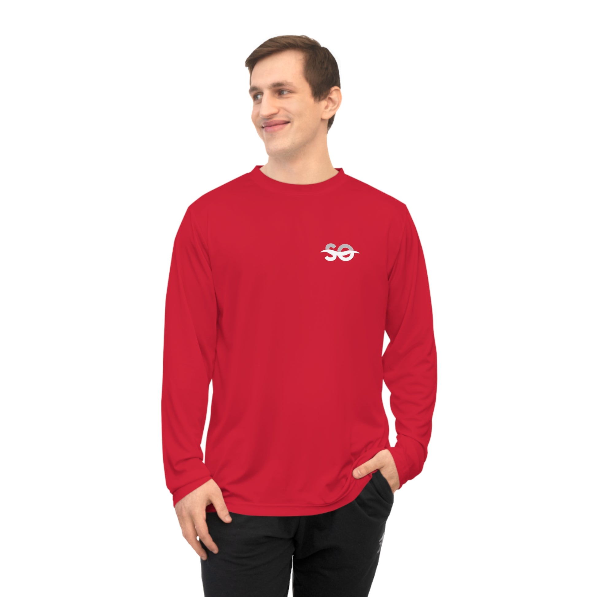 a man wearing a red long sleeve shirt