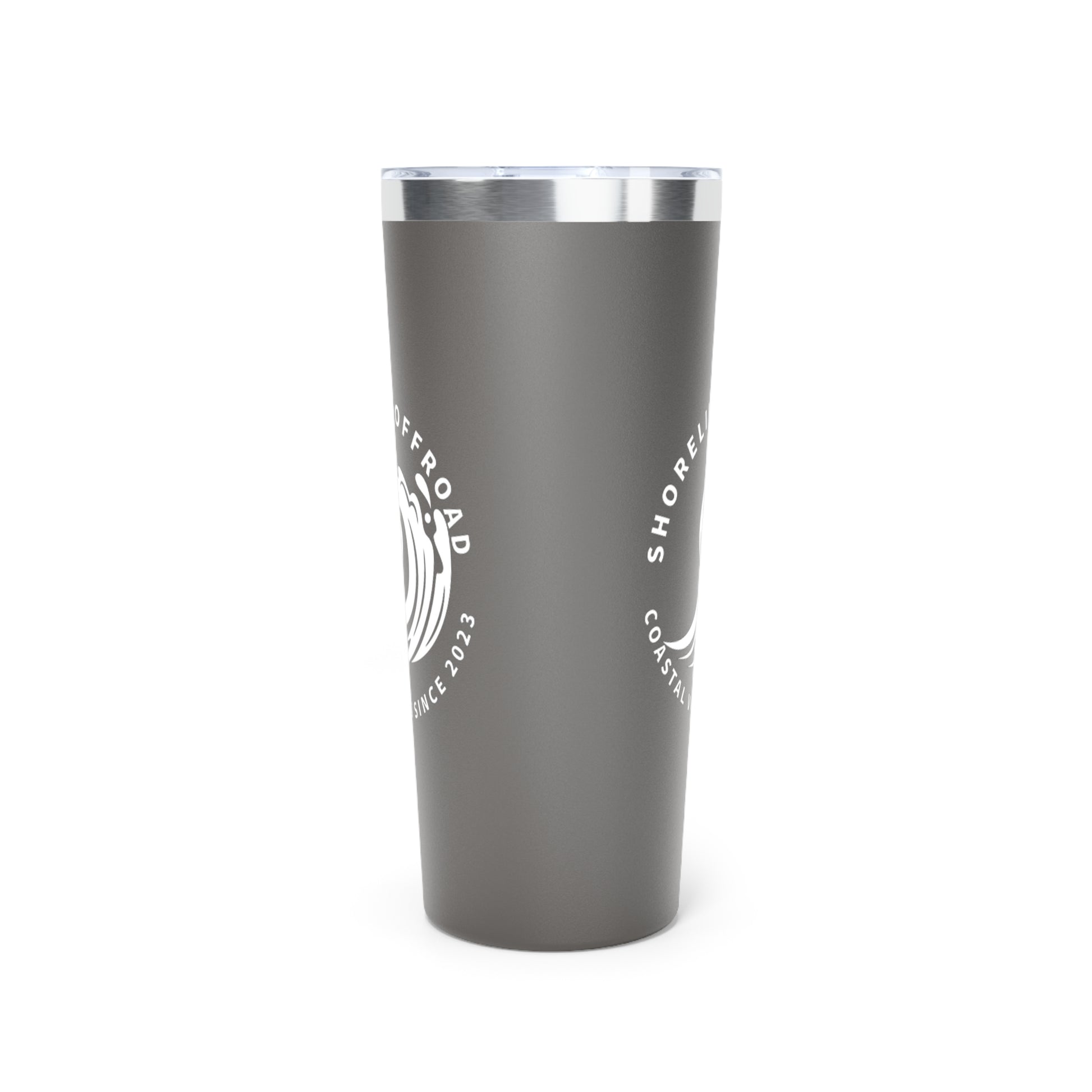 a gray tumbler cup with a white logo on it