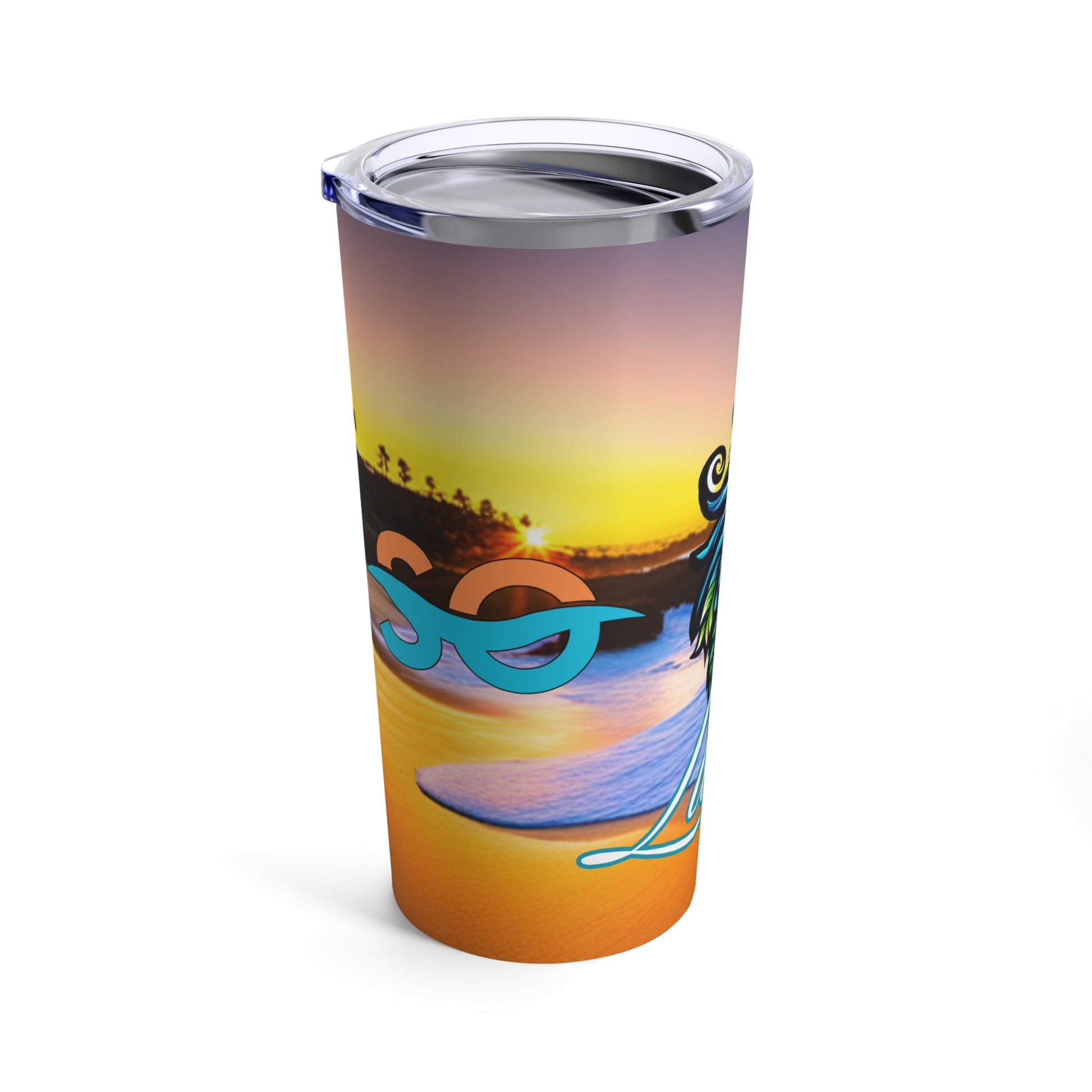 a travel mug with a picture of a surfer on the beach