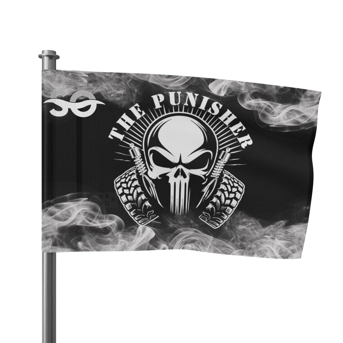 a black and white flag with a skull on it