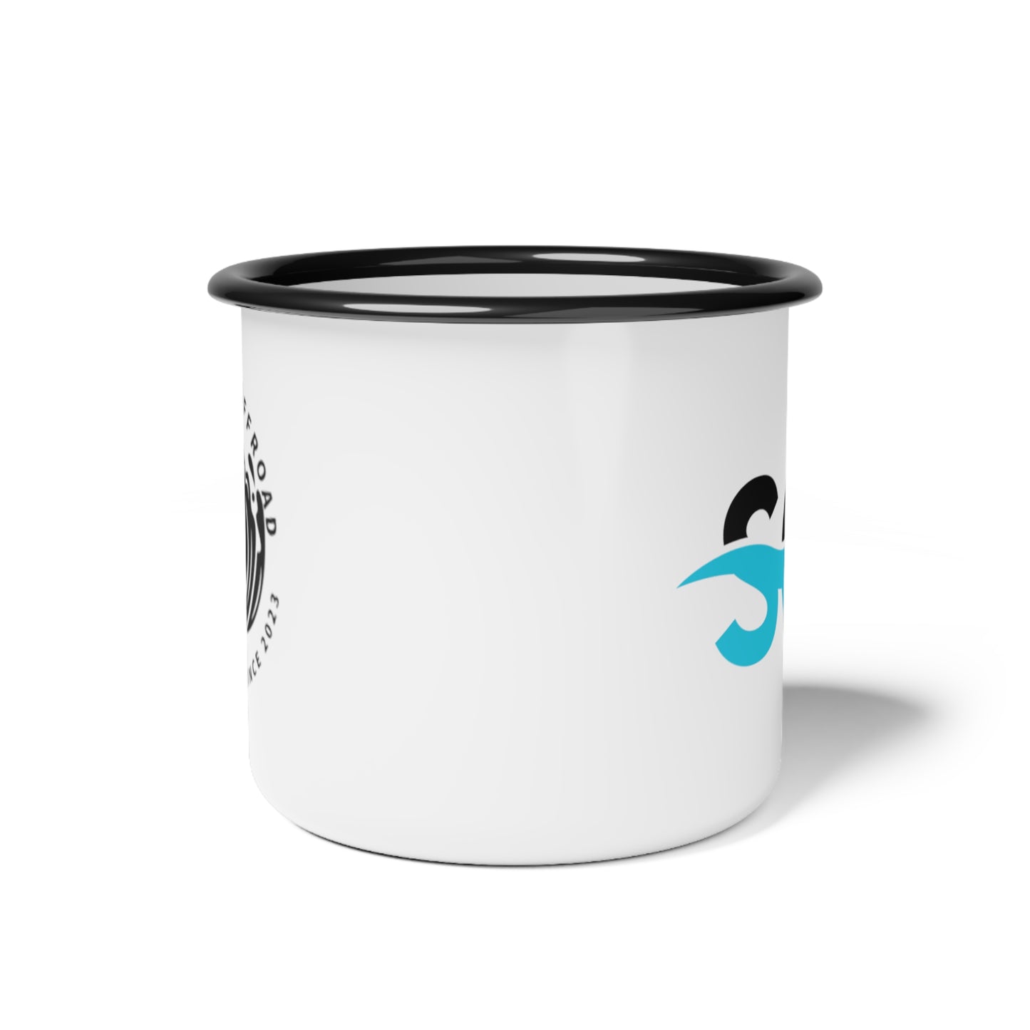 a white and black coffee mug with a black rim