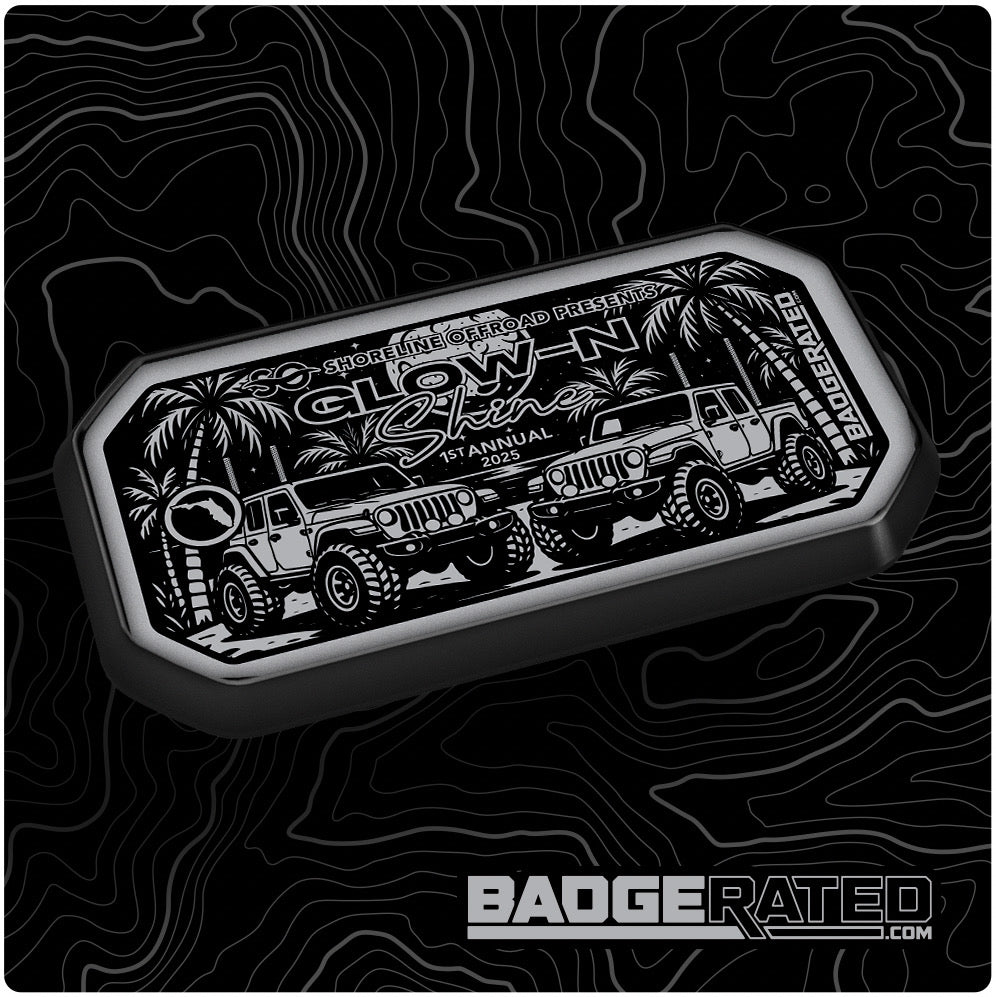 Shoreline Offroad Glow N Shine Trail Badge showcasing the glow and shine features that emphasize the Shoreline Offroad Pro Series Pure White 10 Row Wheel Lights, ideal for offroad adventures.