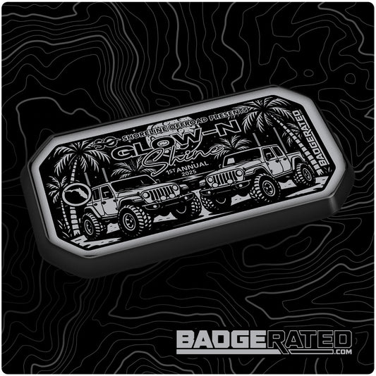 Shoreline Offroad Glow N Shine Trail Badge showcasing the glow and shine features that emphasize the Shoreline Offroad Pro Series Pure White 10 Row Wheel Lights, ideal for offroad adventures.