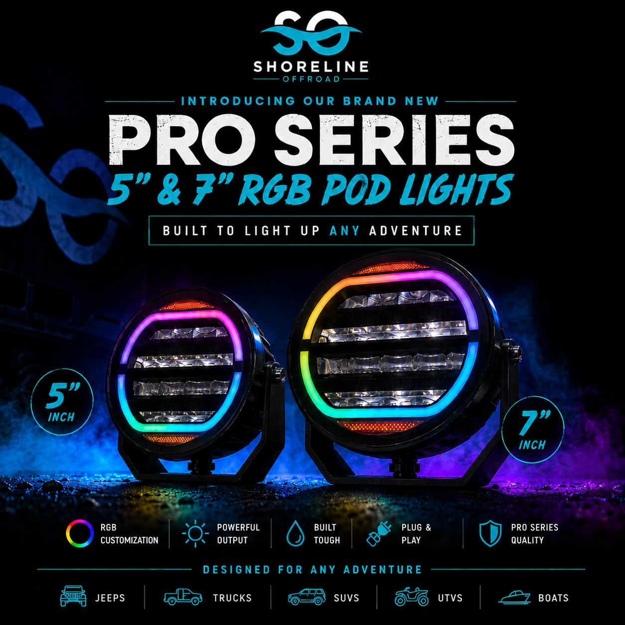 Shoreline Offroad Pro Series 5” RGBIC Pod Lights showcasing vibrant RGB colors in a rugged off-road setting.