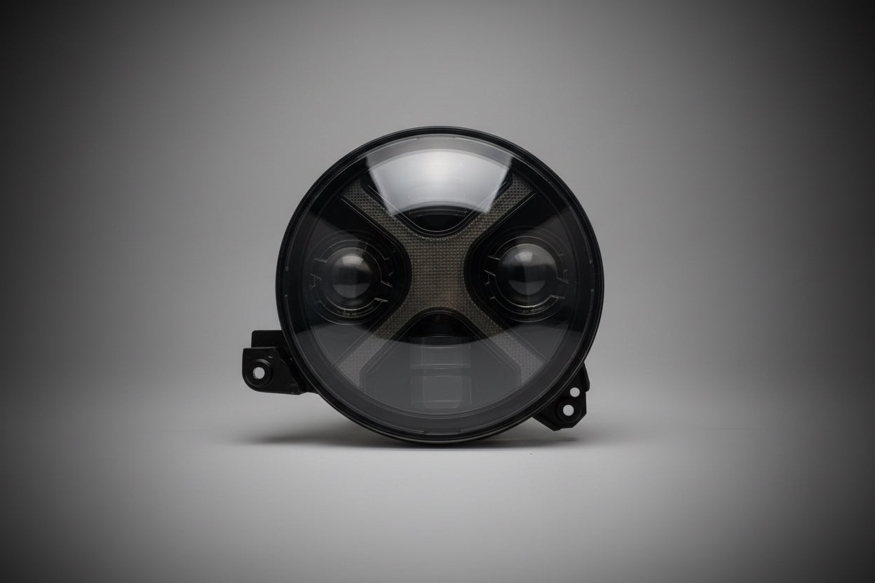 High-quality image of Shoreline Offroad Pro Series LED 9” JL JT RGB X Series Headlights showcasing their sleek design and RGB lighting features.