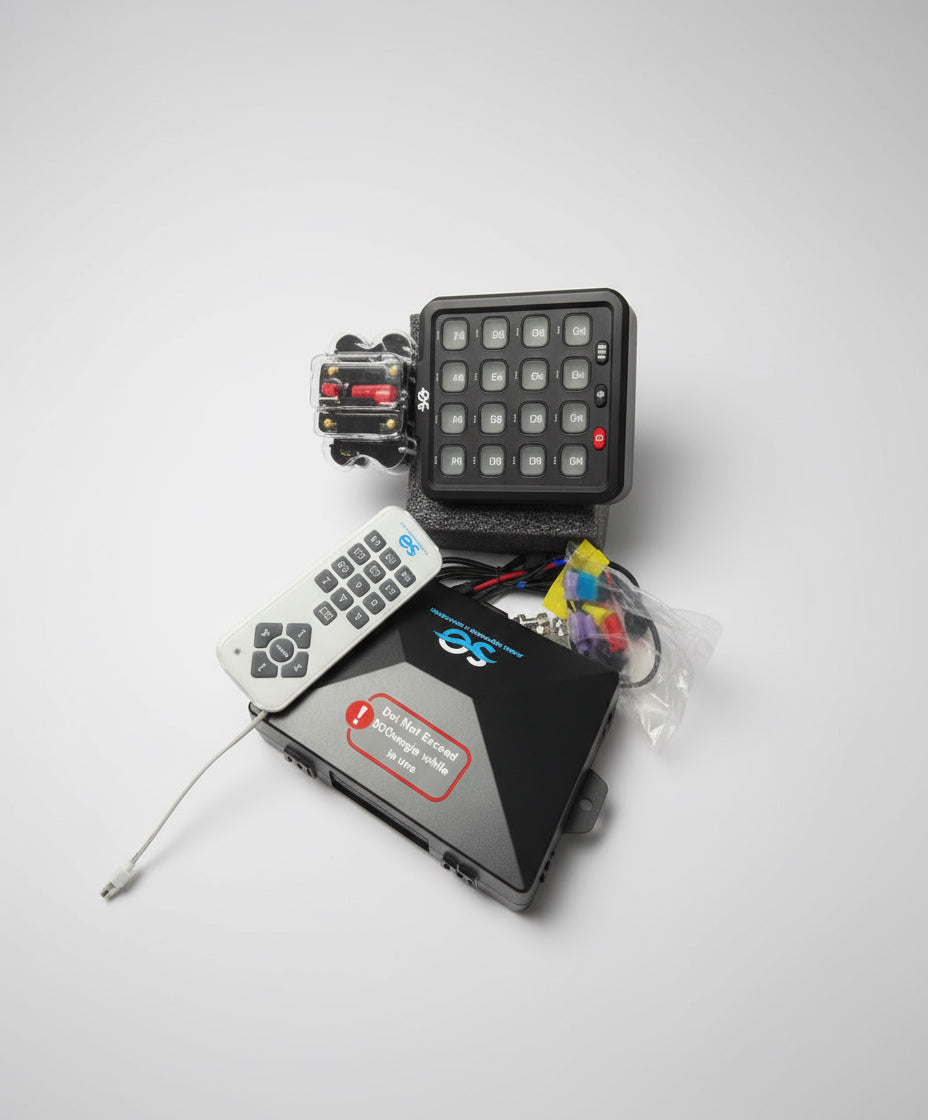 Detailed perspective of the durable aluminum housing of the Shoreline Offroad Pro Series 100amp Panel, built to withstand rigorous off-road conditions.